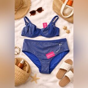 Curvy Kate Glitter Blue Bikini Set Underwire Top D-K Cup + High Cut Bottoms NWT